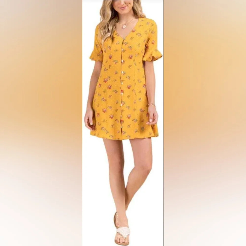 Francescas Dress Womens Large Margaery Mini Button Down Yellow Floral Ruffle